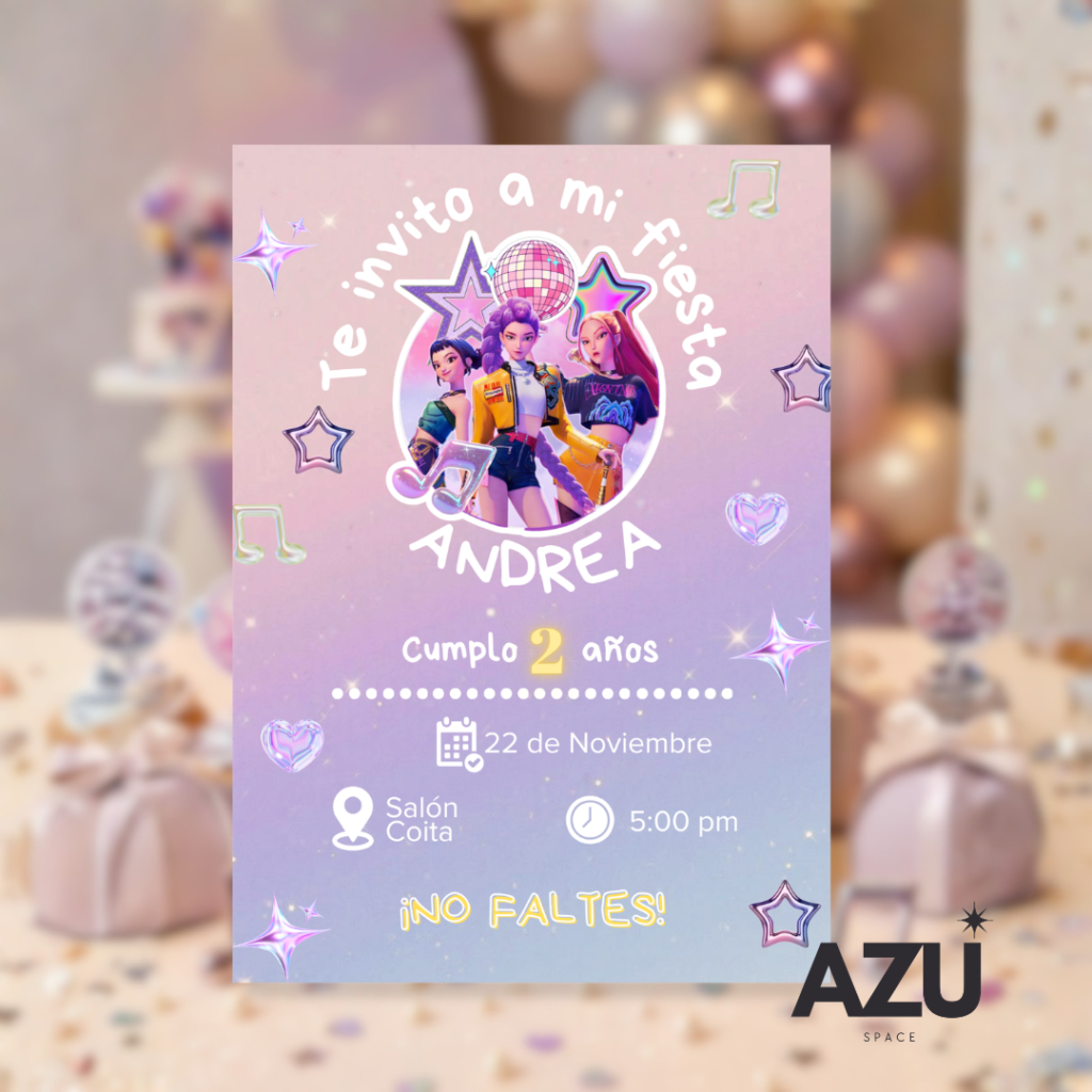 ​Plantilla de Invitación Infantil K-Pop Disco Glitter – Editable en Canva