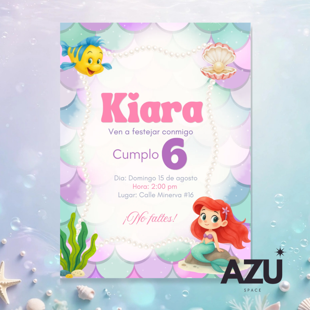 Plantilla Invitación Infantil La Sirenita Ariel – Editable en Canva