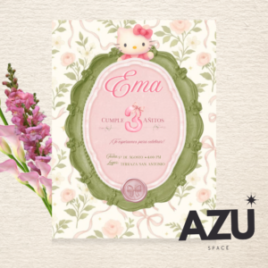 ​Plantilla Invitación Infantil Hello Kitty Coquette Vintage – Editable en Canva