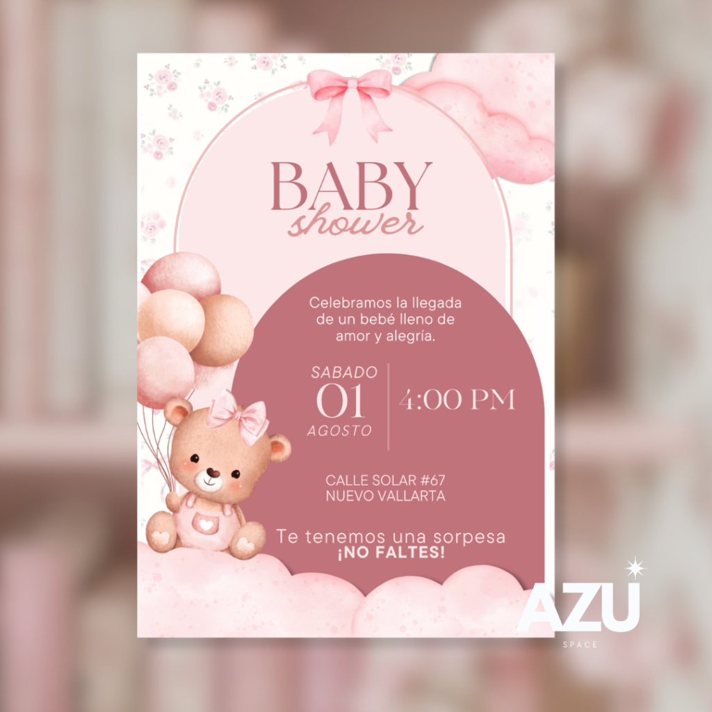 Plantilla Invitación Baby Shower Osita Rosa Coquette – Editable en Canva