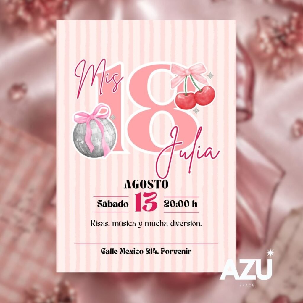 Plantilla Invitación Cumpleaños 18 Años Coquette Cerezas y Disco – Editable en Canva