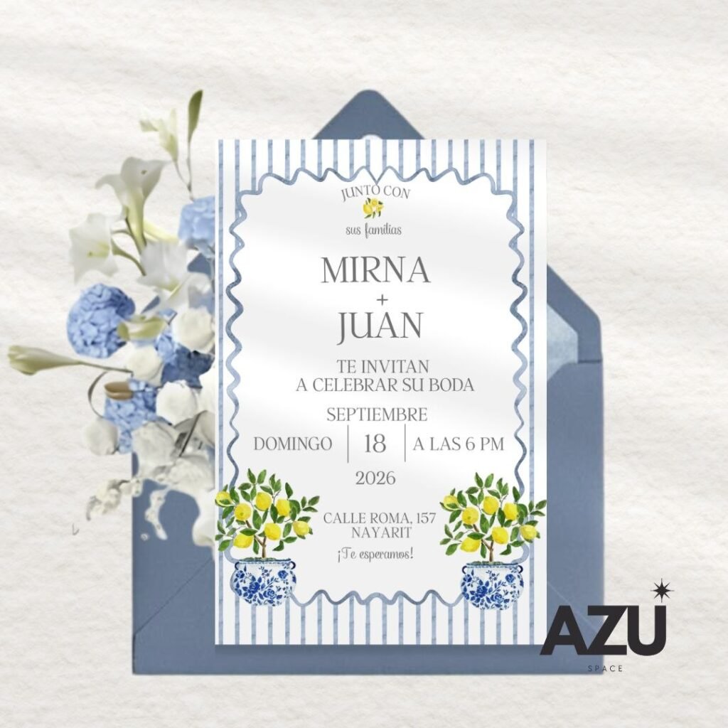 Plantilla Invitación de Boda Limones y Rayas Azules Estilo Italiano – Editable en Canva